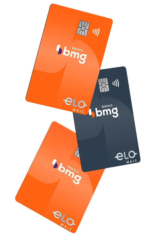 Cartões de crédito consignado Bmg com bandeira Elo, um na cor laranja e outro na cor cinza-escuro.