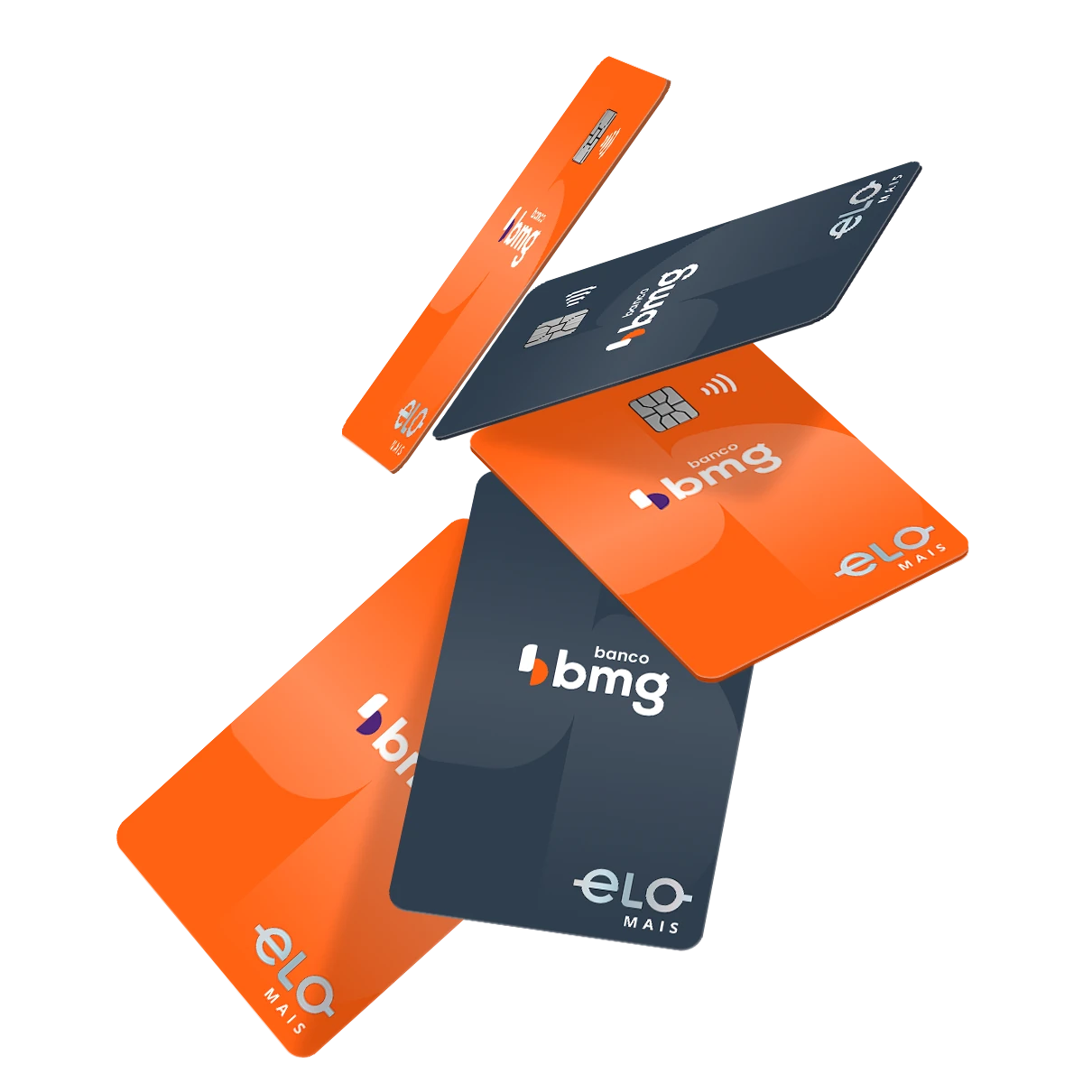 Cartões de crédito consignado Bmg com bandeira Elo, um na cor laranja e outro na cor cinza-escuro.
