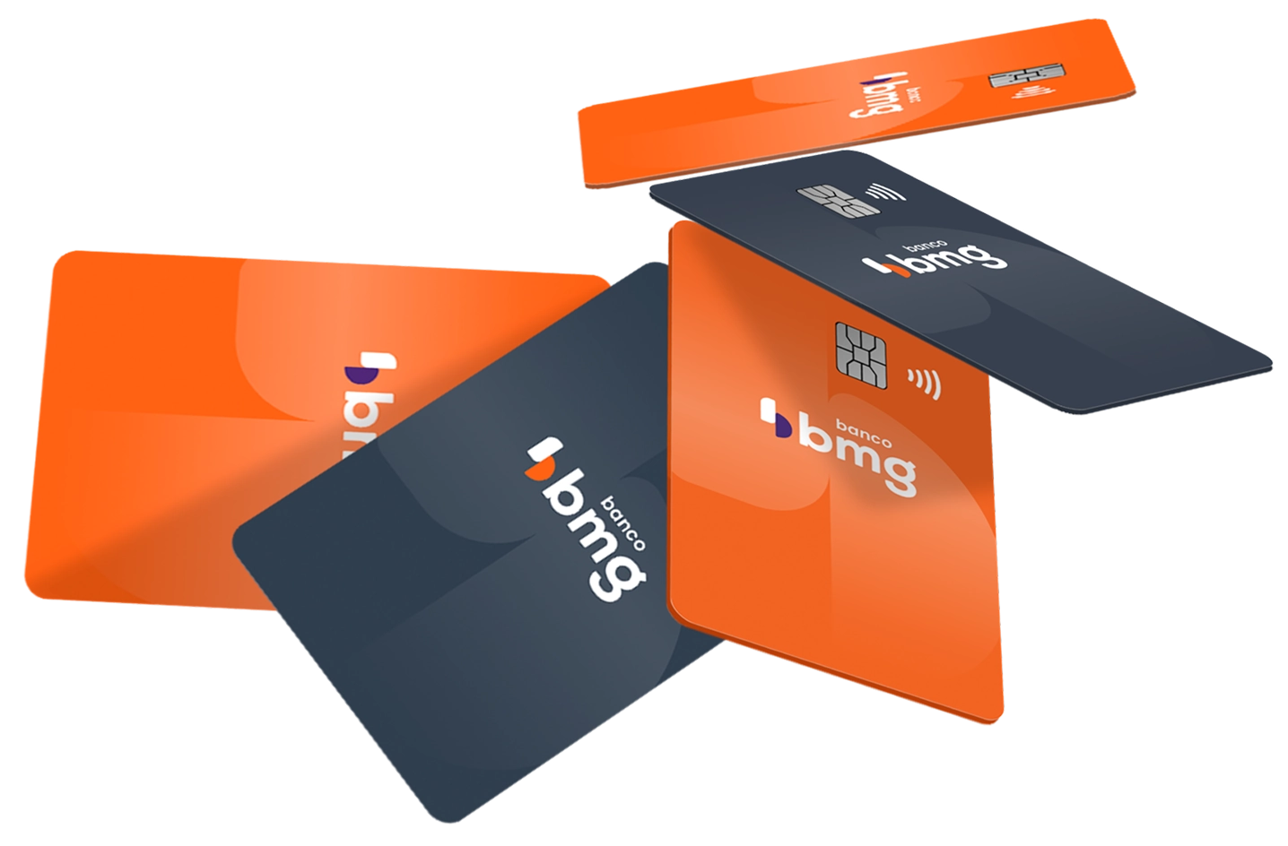 Imagem de dois cartões de crédito do Bmg, um deles na cor laranja e outro na cor preta.