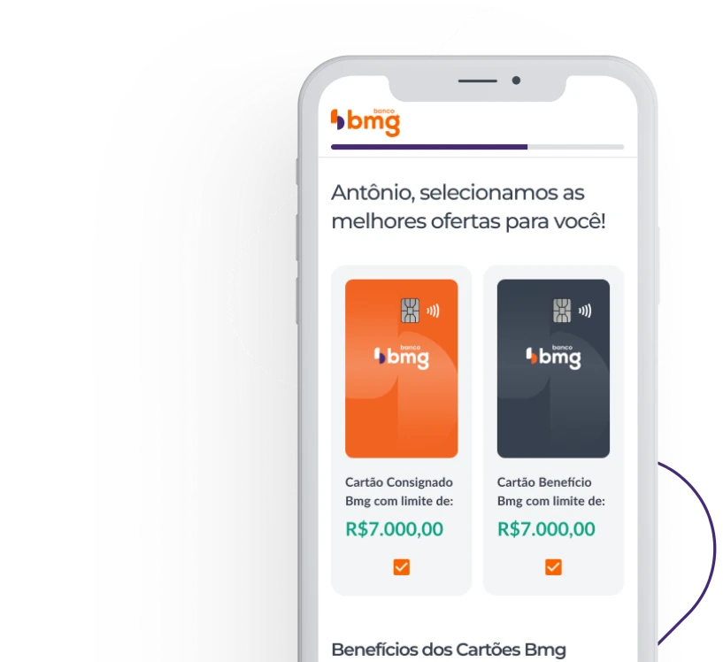 Celular exibindo o app Bmg com um cartão Bmg com bandeira Elo ao lado