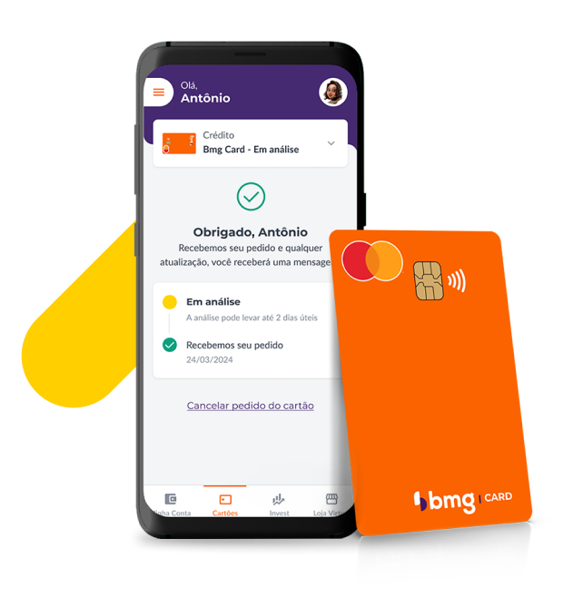 Celular com círculos roxo e laranja ao seu redor, e um cartão laranja do bmg encostado nele